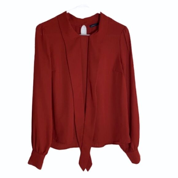 Jieru Top Womens size Small Chiffon long sleeve front Tie Blouse Maroon Preppy - Picture 2 of 10